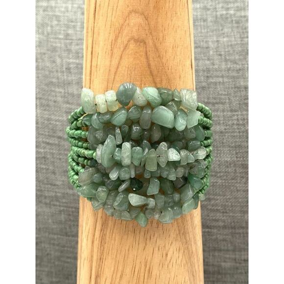 Green Aventurine Chipstone Bracelet Cuff Seed Beads Artisan - Picture 5 of 6